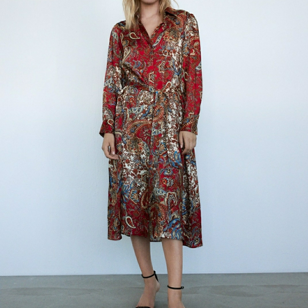 Zara Printed Paisley Shirtdress Dress Red Medium